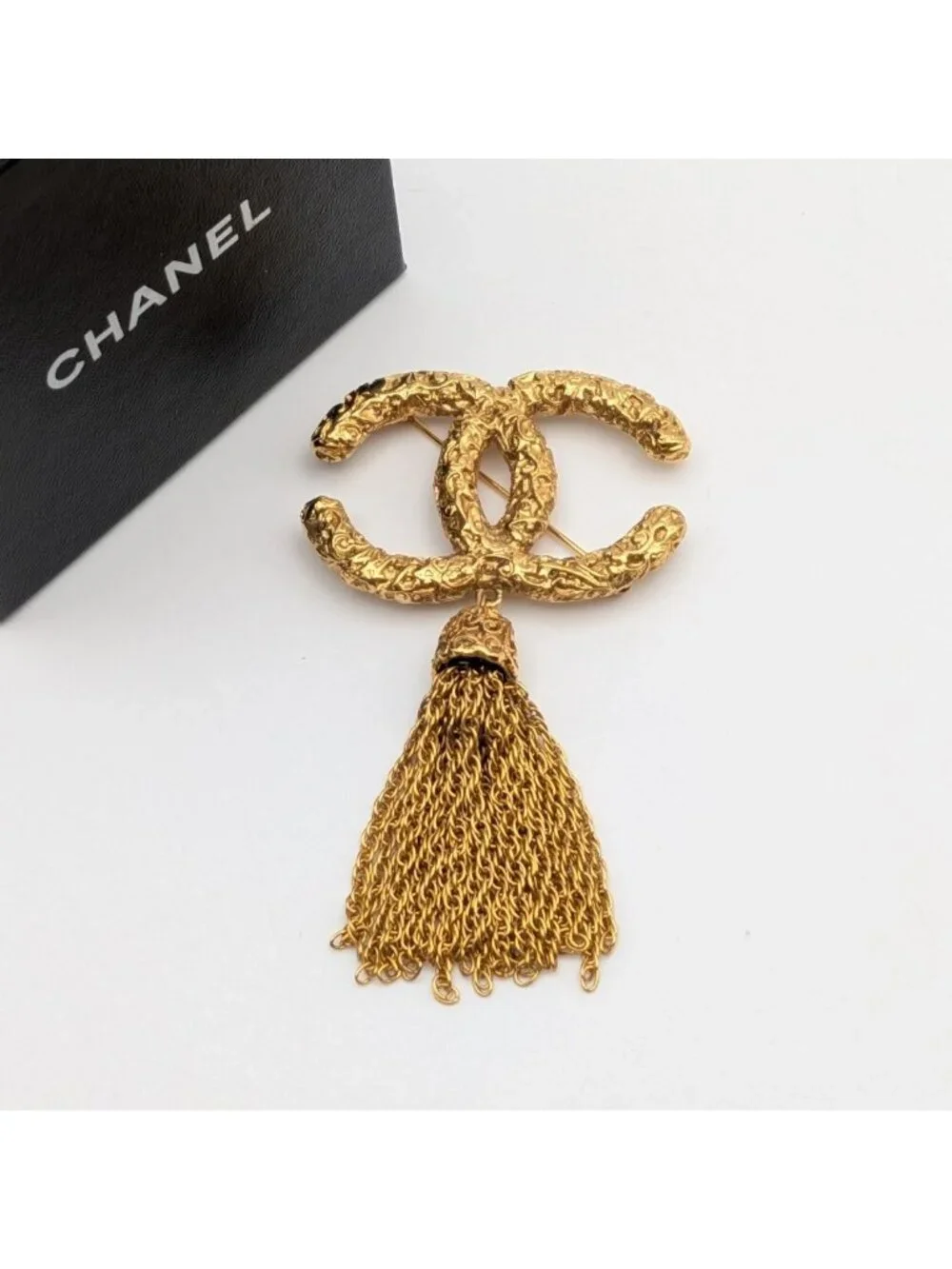 Chanel Brooch CC Logo Lava Gold Fringe Vintage